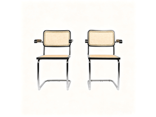 Lot de deux chaises de salle à manger, chaises en bois avec dossier en rotin et pieds chromés, style « brewer » du milieu du siècle, noir