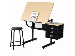 Table à dessin réglable érable avec tabouret et 3 tiroirs, plateau inclinable de 0 à 75 degrés