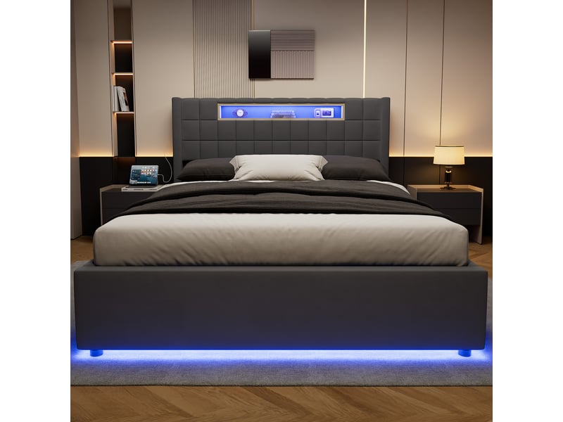  Lit coffre 140x200 cm avec led, rangement hydraulique, tête de lit avec rangement, velours gris (sans matelas)  - Conforama C