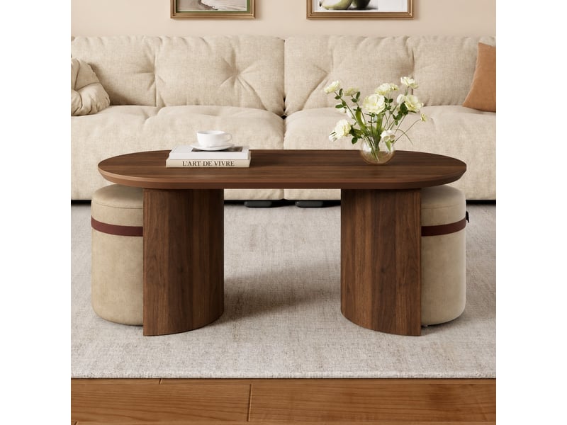  Ensemble table basse ovale et 2 poufs, effet noyer, 108 x 50 x 44 cm  - Conforama B