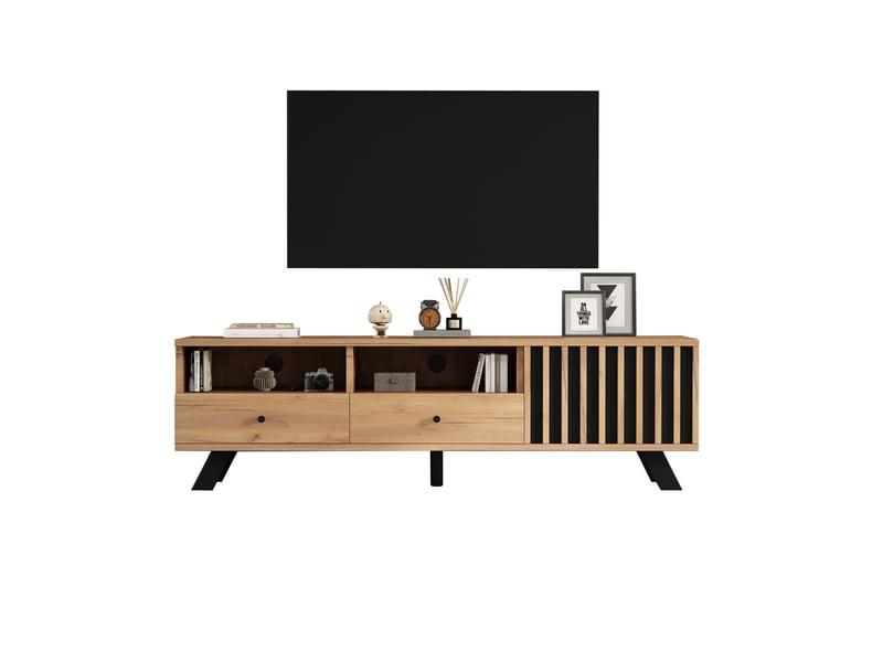  Meuble tv avec 2 tiroirs, 1 porte et 2 niches pour salon 150×38×44 cm en panneaux de particules naturel et noir  - Conforama A