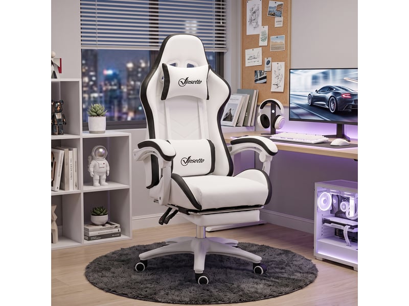  Chaise de bureau gaming blanche et noire, fauteuil gaming inclinable 135° avec repose-pieds  - Conforama D