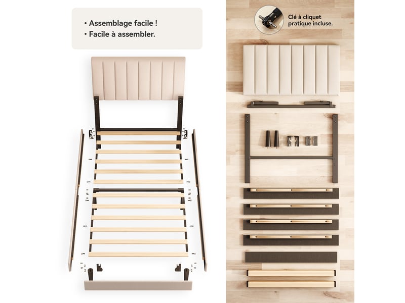 Lit 90 x 200 avec sommier,cadre de lit en métal robuste et durable, lattes en bois,lin beige - Conforama D