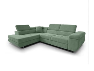 Canapé d'angle gauche convertible <strong>AX LIVING </strong> <strong>Konak</strong> 5 places Velours côtelé vert avec coffre de rangement