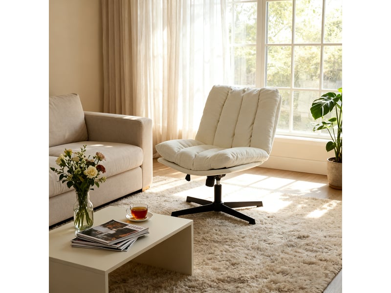 Fauteuil salon pivotant sur 360°, réglable en hauteur, sans accoudoirs, en tissu chenille, beige - Conforama W
