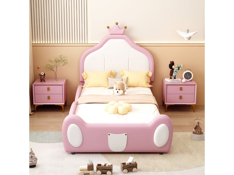  Lit une personne 90x200, lit rembourré similicuir, tête de lit couronne, design bicolore blanc rose, surface facile d'entretien, structure robuste  - Conforama B