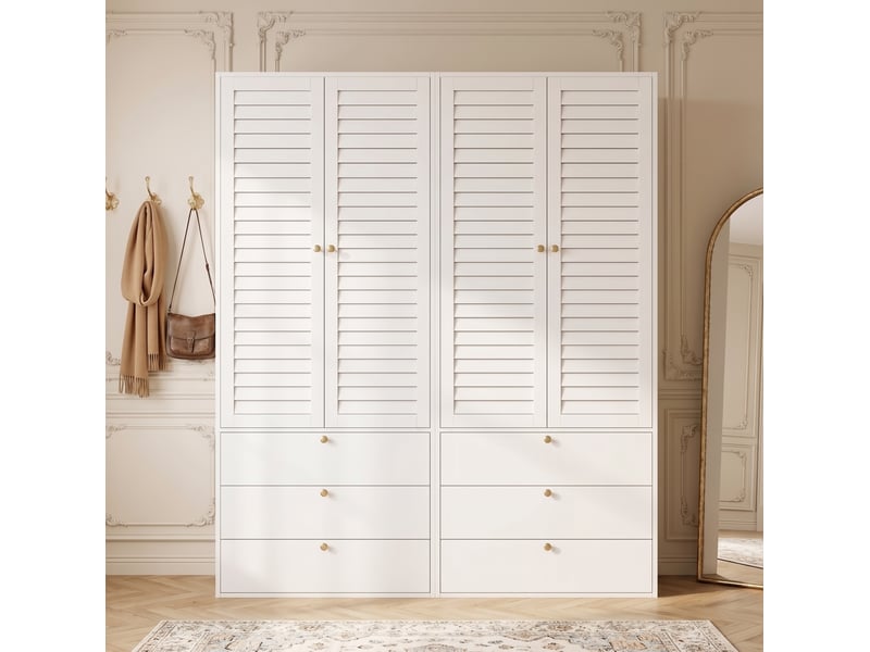  Armoire 4 portes 180x50x200 cm, portes à lamelles, 6 tiroirs, panneau de particules blanc vêtements et dressing, déco  - Conforama B