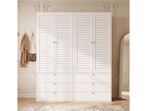 Armoire 4 portes 180x50x200 cm, portes à lamelles, 6 tiroirs, panneau de particules blanc vêtements et dressing, déco
