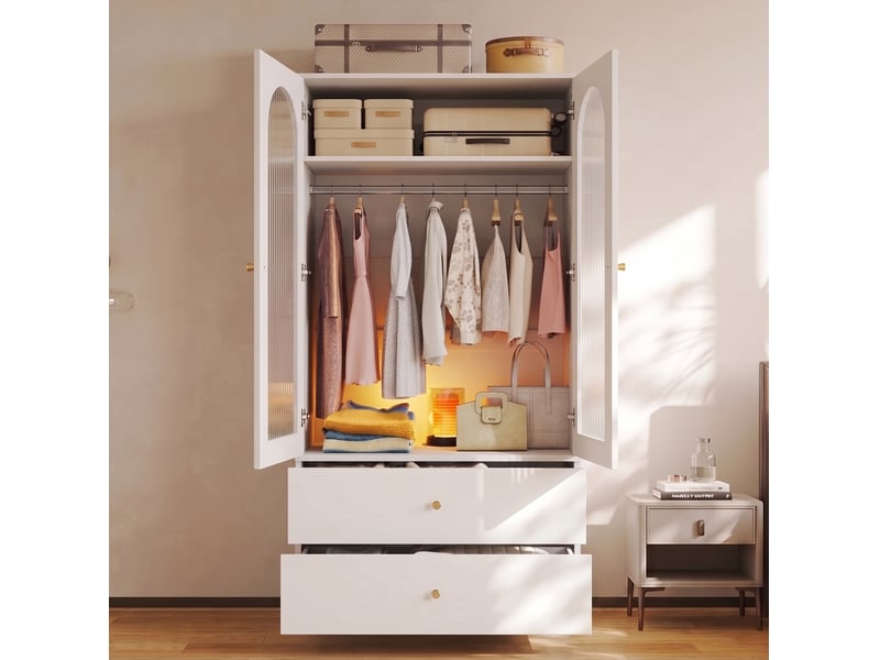  Armoire de chambre blanche 90x50x200 cm avec 2 tiroirs, 2 portes en verre cannelé et 1 penderie  - Conforama D