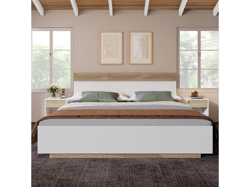  Lit double 160x200 cm – chêne sonoma blanc – tête de lit – sommier à lattes – sans matelas  - Conforama D