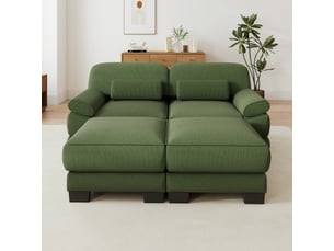 Canapé modulable 2 places en velours côtelé vert, avec 2 poufs, assise profonde, coussin lombaire, 194×161×94 cm