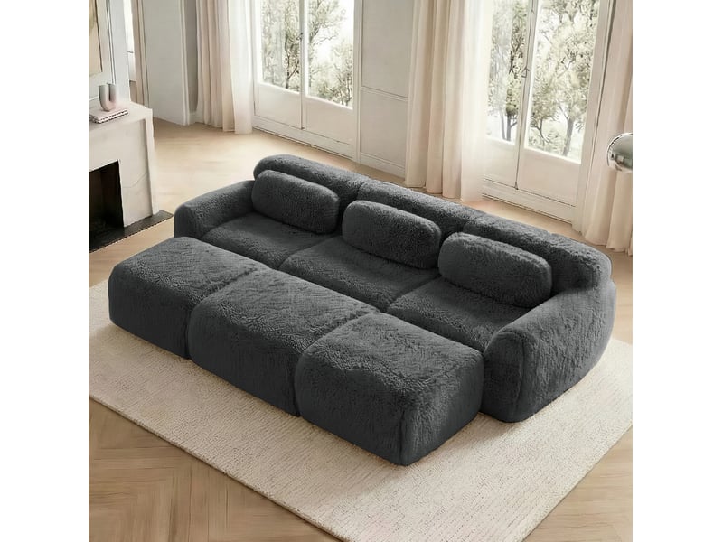 Canapé convertible modulable 3 places avec 3 ottomans en tissu peluche gris - Conforama B