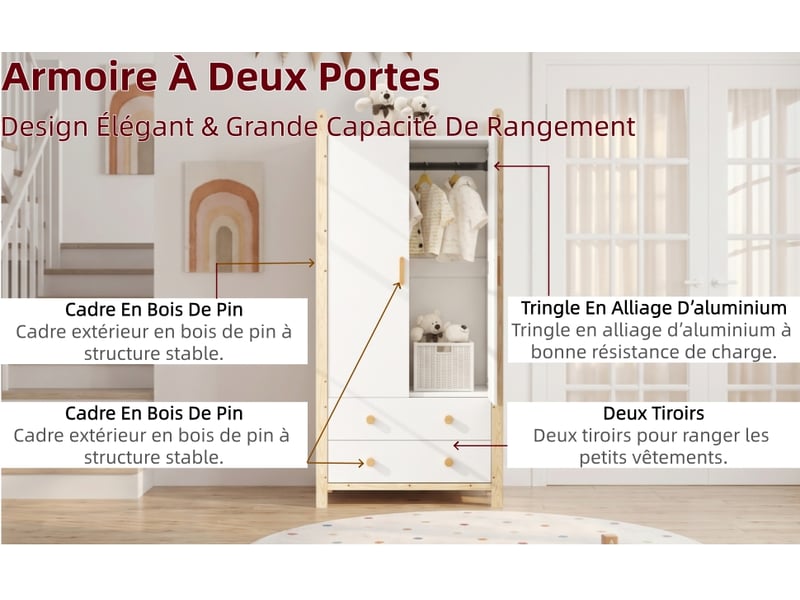  Armoire de chambre - armoire 2 portes avec penderie, 2 tiroirs, avec étagères, 90 x 45 x 180 cm, naturel + blanc  - Conforama R