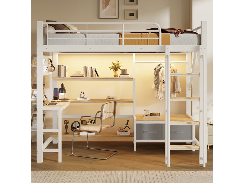  Lit mezzanine enfant 90 × 200 cm avec bureau, led, usb, rangements et barrière, sans matelas, blanc  - Conforama C