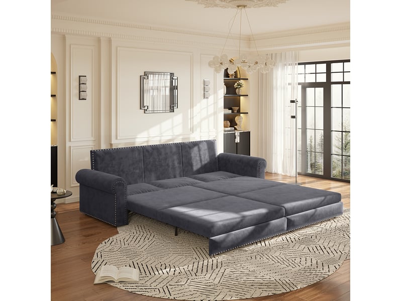  Canapé-lit 3 places 238x90x98 cm convertible 3-en-1, coussin de dossier réglable, en mousse et velours couleur gris  - Conforama D