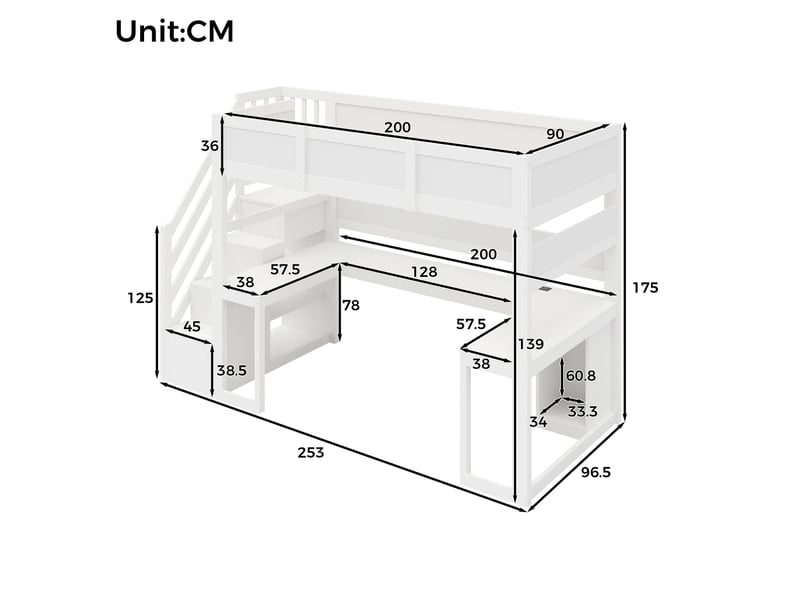 Lit mezzanine gaming 90 x 200 cm blanc en mdf et contreplaqué, bureau usb, escalier 4 rangements led - Conforama C
