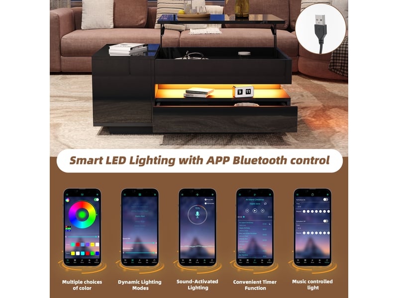  Table basse, à plateau relevable, avec éclairage led, avec 1 tiroir, 95 x 50 x h 40–54,5 cm, noir, rangement pratique, finition brillante, pour salon Luxe haut de gamme - Conforama E