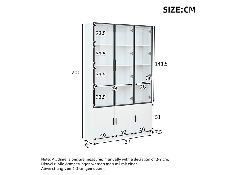  Vitrine haute 120x32x200 cm en mdf, 6 portes vitrées, led via app, étagères et anti-basculement - blanc  - Conforama C