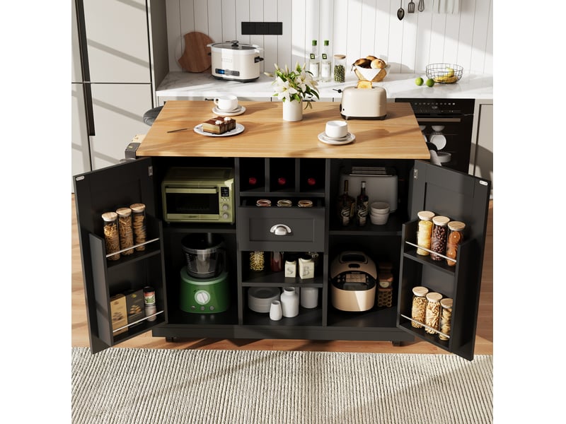 Desserte de cuisine noire 140 cm avec plateau rabattable, rangement et roulettes - Conforama D