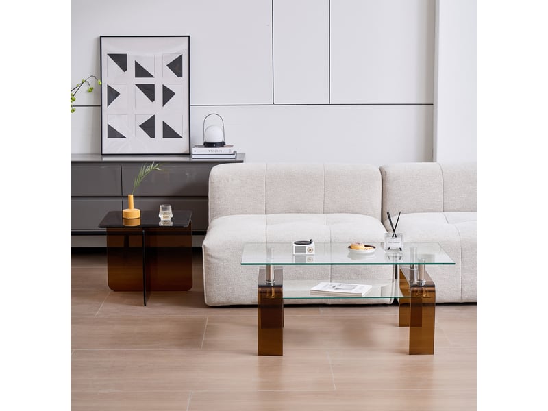  Table basse avec 2 plateaux en verre trempé et pieds métalliques bruns pour salon, transparente, 100 × 55 × 45 cm  - Conforama D