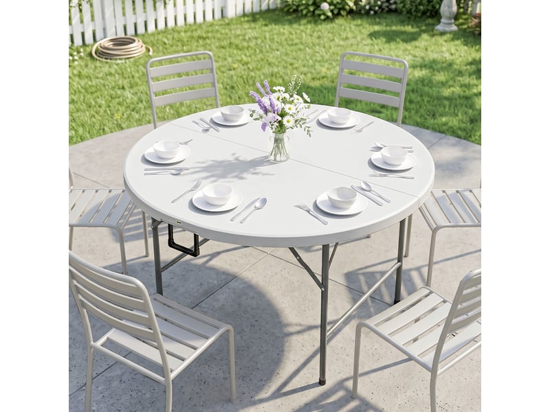  Table pliante de jardin et de camping, en acier et pehd, ø 122 x 73 cm, grise et blanche  - Conforama C