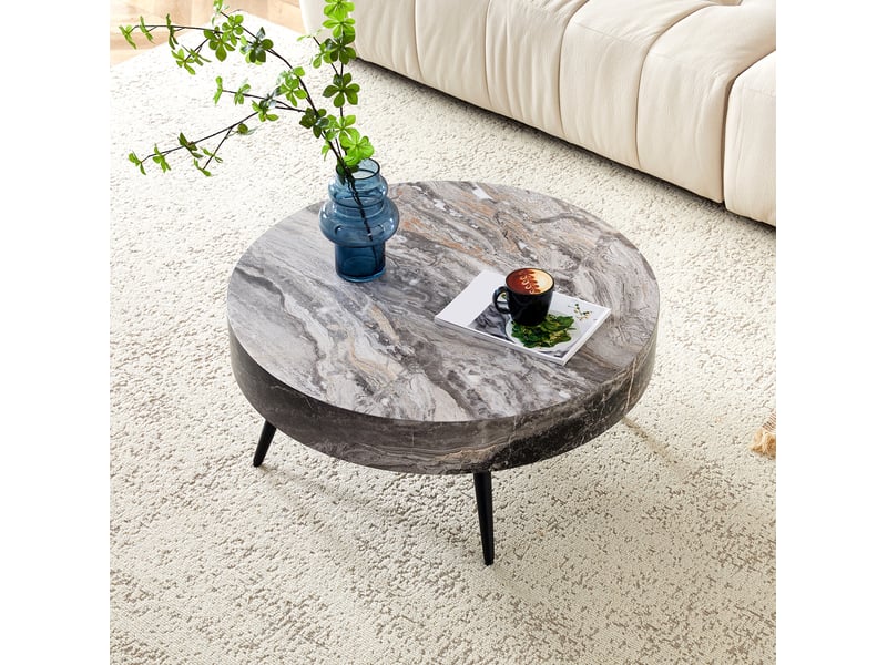  Table basse ronde ø70 cm effet marbre gris, pieds métalliques noirs, mdf  - Conforama E