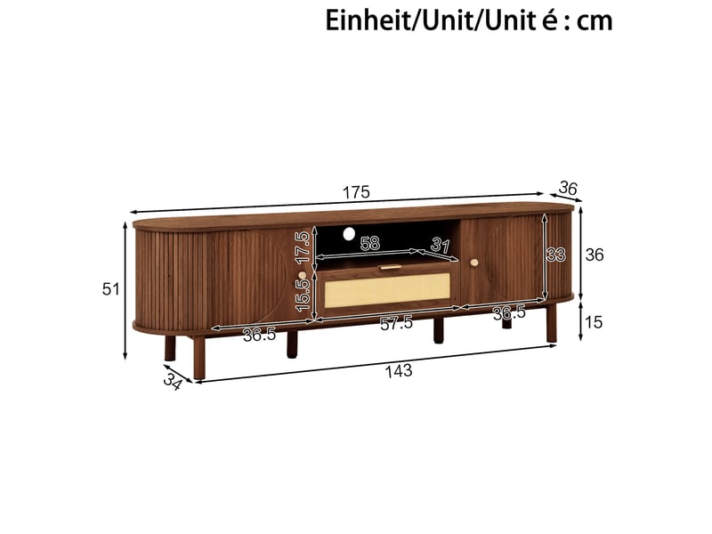  Meuble tv 175x36x51 cm avec portes demi-rondes, tiroirs et niche ouverte en mdf noyer  - Conforama E