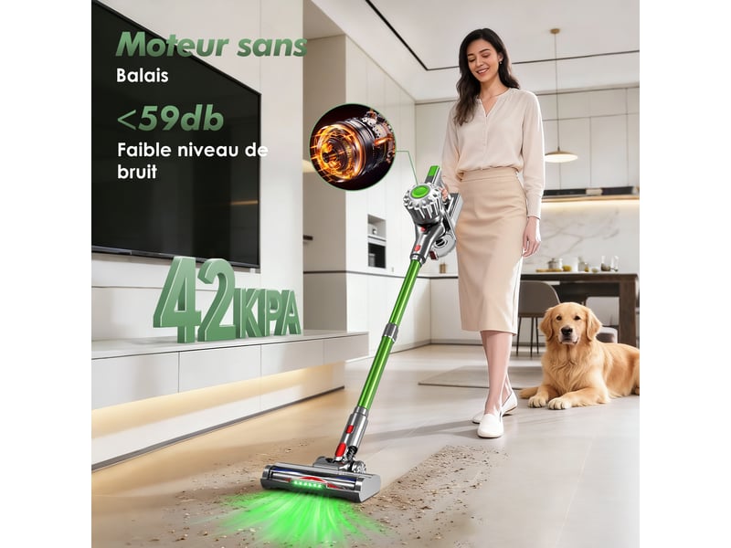  Aspirateur balai auto-portant puissant sans fil42kpa, 60 min d'autonomie, 2 vitesses, 6 en 1, capacité 1,6l, lumière verte  - Conforama B