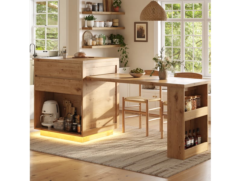 Îlot de cuisine extensible 122-194.5x70x94 cm, 4 tiroirs, led, finition naturelle - Conforama B