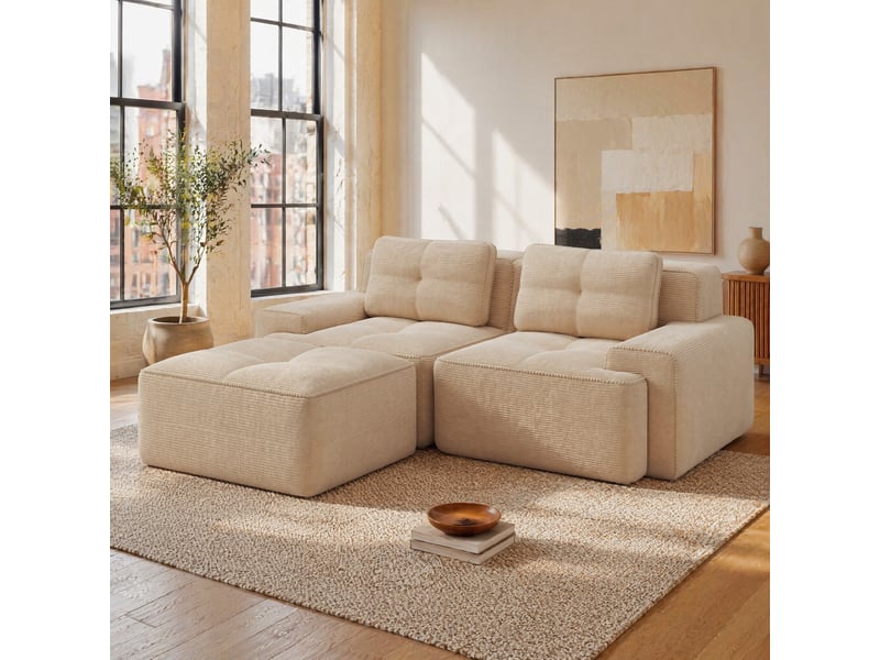 Canapé modulable 2 places en velours côtelé beige avec pouf - 204 x 177 x 69 cm - Conforama B