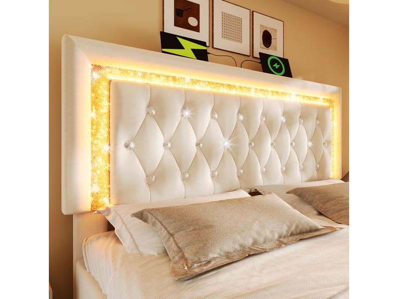  Modenvie lit coffre 140x200 cm - led intégrée, ports usb et usb-c, matelas inclus - beige  - Conforama E