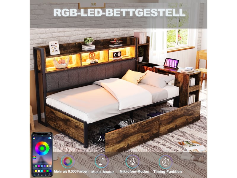  Lit banquette avec bureau extensible et rangements, métal et bois naturel, 90x200 cm, led, tiroirs et prises intégrées  - Conforama D