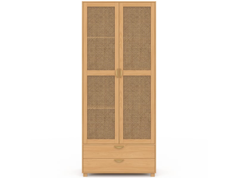 Armoire 2 portes edhen bois et cannage penderie 80 cm avec 2 tiroirs et étagères - Conforama E