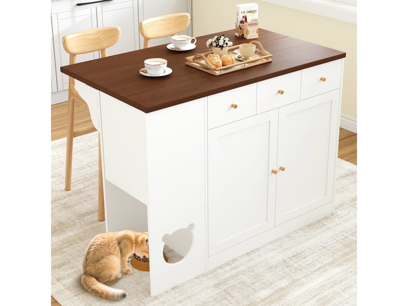  Îlot de cuisine avec plateau extensible et espace, meuble de rangement avec tiroirs et étagères, blanc et noyer, 120cm  - Conforama W