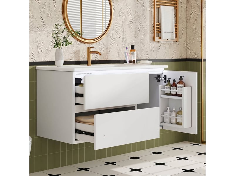 Meuble sous vasque suspendu 90 cm blanc avec lavabo céramique et éclairage led - Conforama C