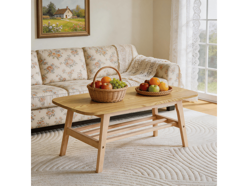  Table basse rectangulaire moderne, avec double plateau ouvert, rangement 2 niveaux et bois, bois naturel, 110×58×19 cm  - Conforama C