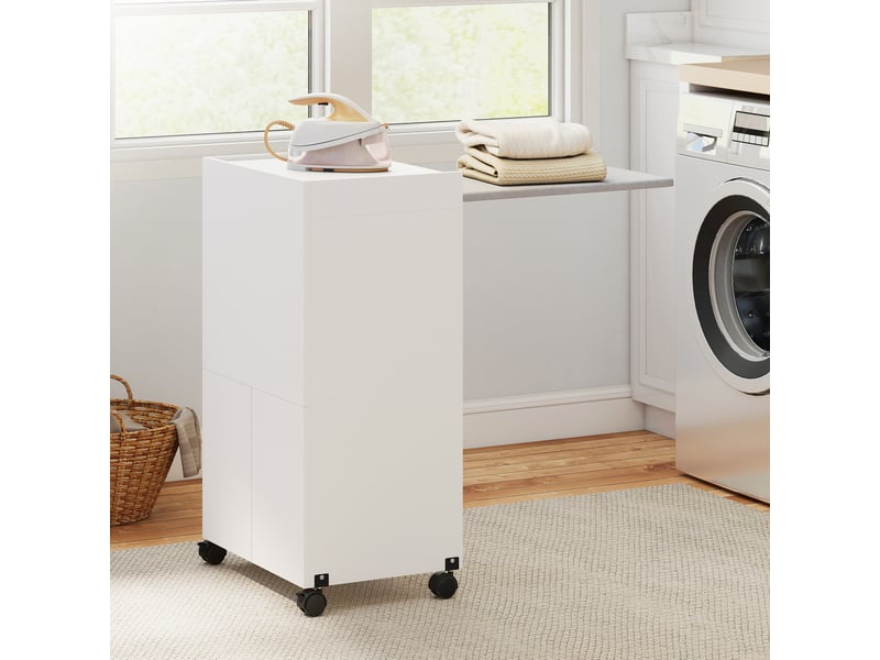  Meuble à repasser, table à repasser pliante sur roulettes avec portes par pression, blanc, charnières à fermeture douce  - Conforama D