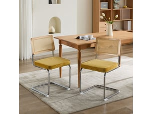 Lot de 2 chaises de salle à manger style mid-century, velours, dossier rotin naturel, piètement chrome inox breuer, couleur dorée