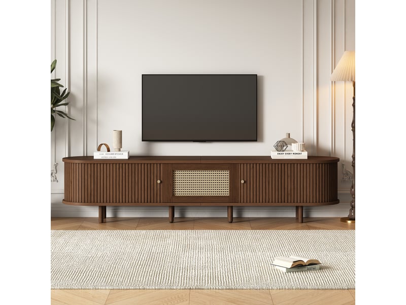  Meuble tv ovale en noyer foncé, pieds réglables, design rotin meuble télé 180 cm design mdf, capacité de charge 30 kg  - Conforama W