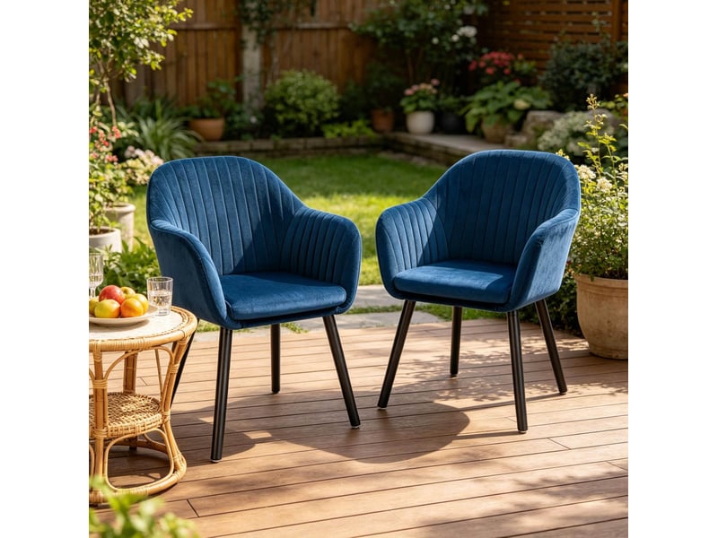  Lot de 2 chaises de salle à manger 50x42x81cm, structure métallique et en bois massif, style scandinave, finition noir et bleu, accoudoirs, dossier incurvé  - Conforama E