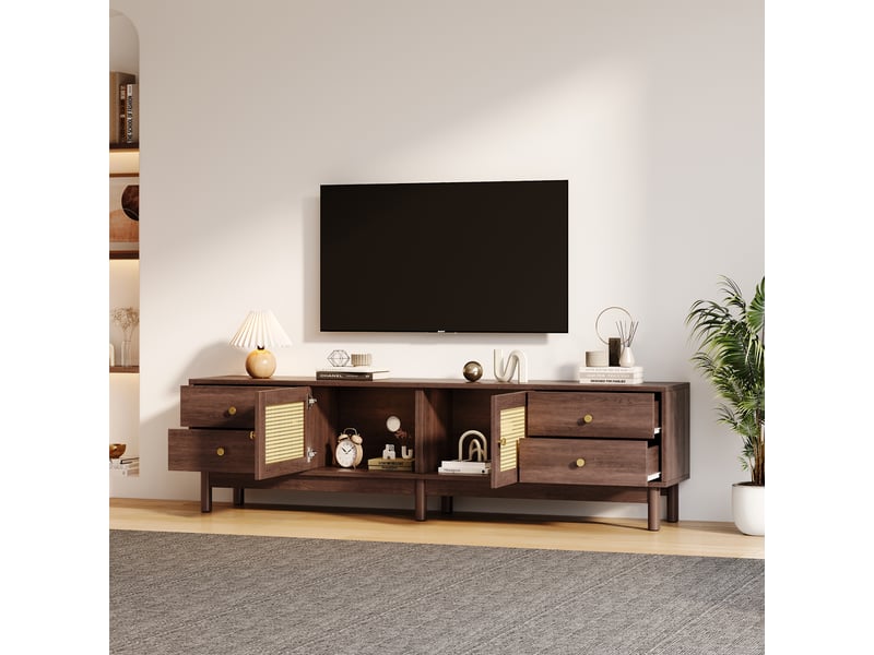  Meuble tv 180 cm bois foncé portes en rotin 4 tiroirs pour écran jusqu'à 80 pouces  - Conforama B