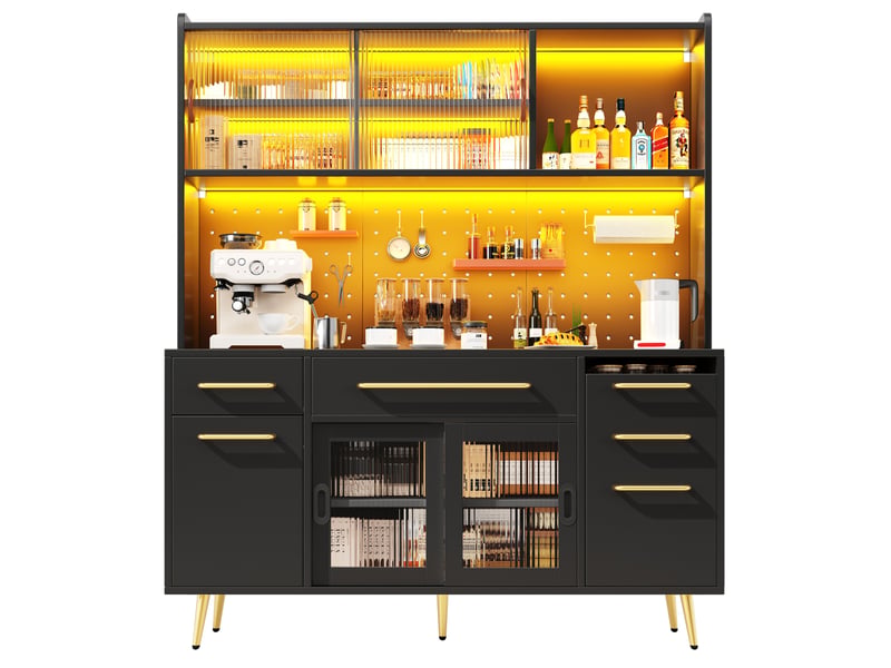  Buffet de cuisine 145x39x171 cm, éclairage éclairage led, avec tiroirs, porte coulissante, meuble de salon, mdf, noir  - Conforama A