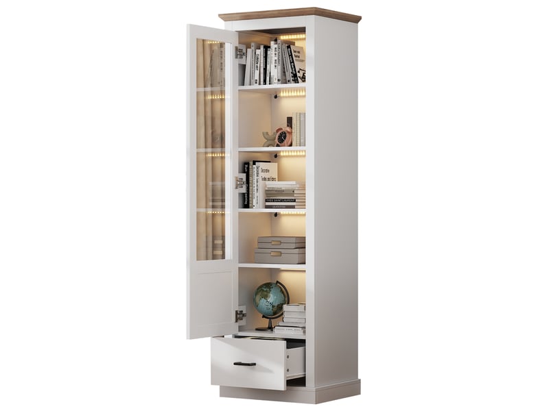  Vitrine led à 5 compartiments blanche 50 x 35 x 178 cm, verre trempé et tiroir avec alimentation usb intégrée  - Conforama A
