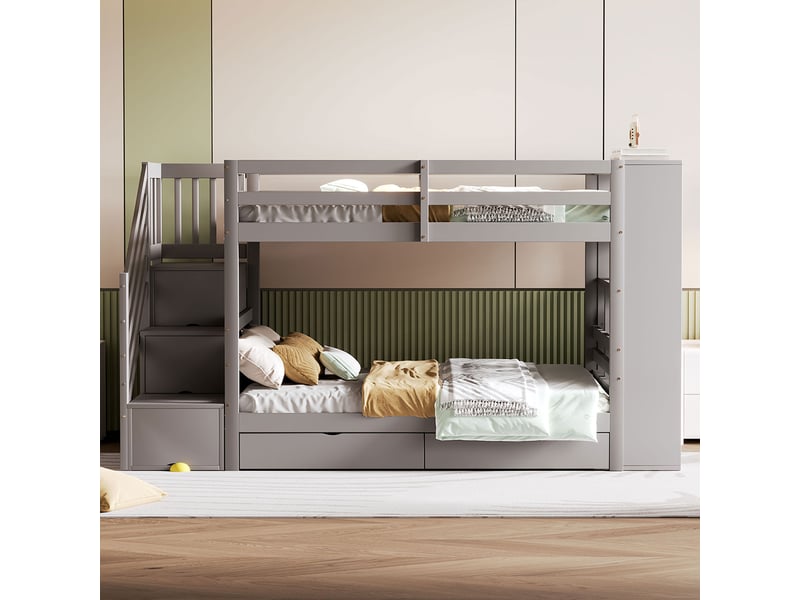 Lit superposé enfant en bois 90x200cm avec escalier de rangement,2 tiroirs et grand meuble de rangement,barrière haute,pin,métal et mdf,gris - Conforama B
