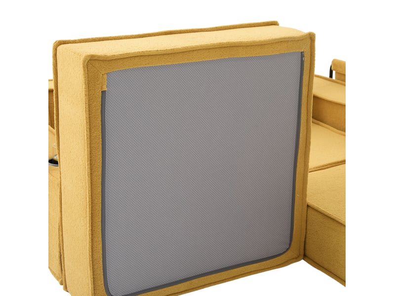 Canapé droit convertible 2 places en tissu jaune moutarde avec coussins, rangements latéraux et porte-gobelets  - Conforama D