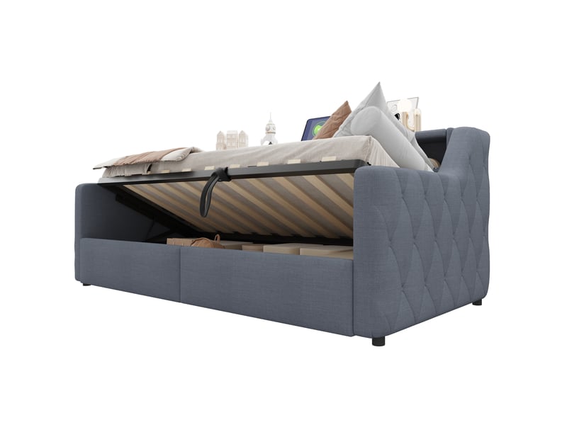 Lit banquette gris 90x200 cm avec led, coffre hydraulique, usbtype-c, lin - Conforama E