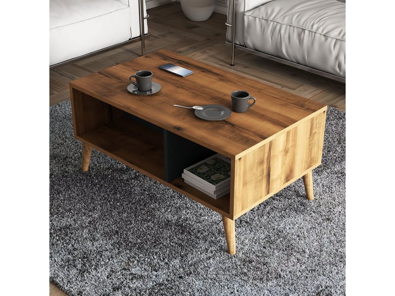  Table basse avec rangement décor noyer et anthracite l 90 cm, 2 niveaux, pieds en bois  - Conforama D