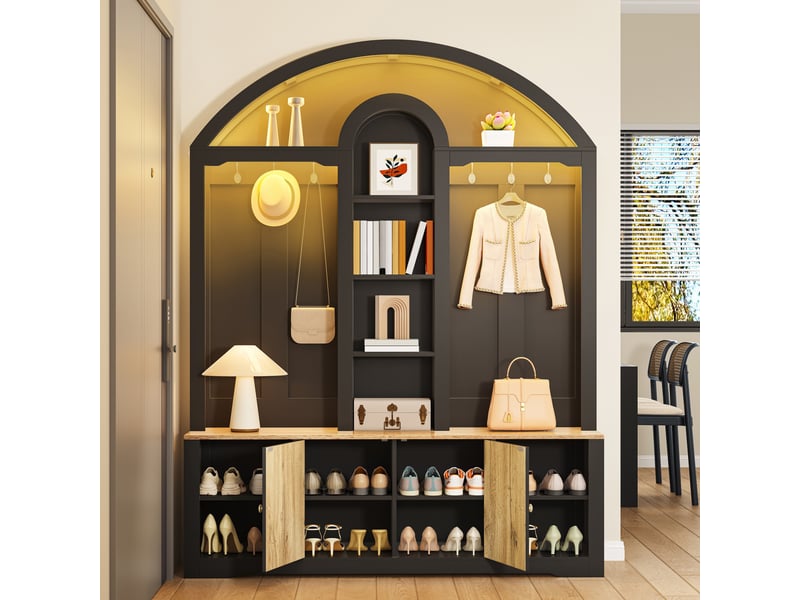  Vestiaire d'entrée, meuble de rangement avec porte-manteau et étagère à chaussures, mdf style scandinave 150x40x195 cm avec ruban led, noir et bois  - Conforama C