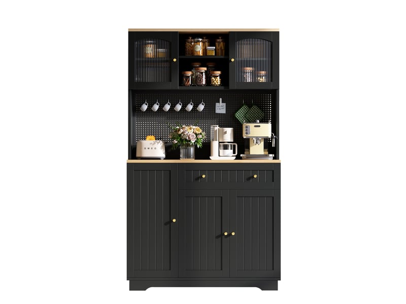 Buffet de cuisine haut avec étagères, 6 niches vitrées, tiroir et panneau perforé, noir, 103,5 × 40 × 180 cm - Conforama A