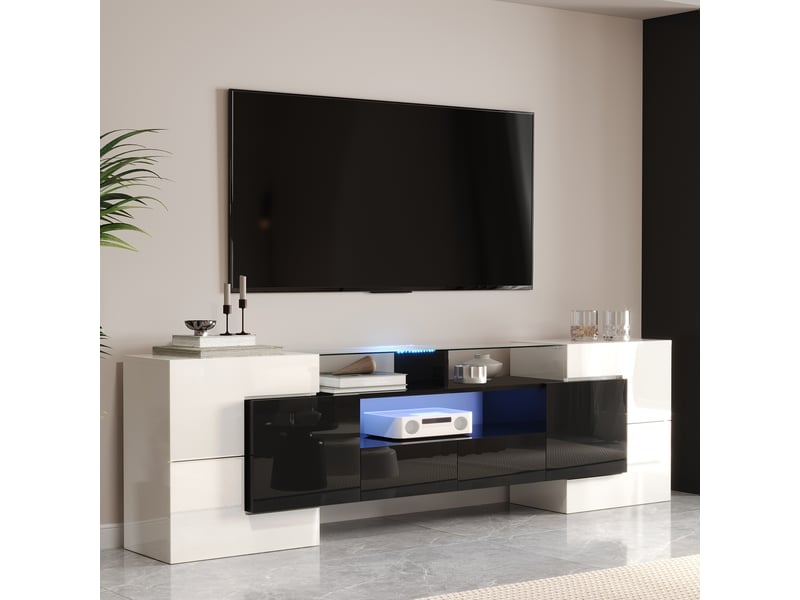 Meuble tv 200 cm blanc et noir brillant avec led, surface en verre, design moderne pour écran 50-59 pouces - Conforama D